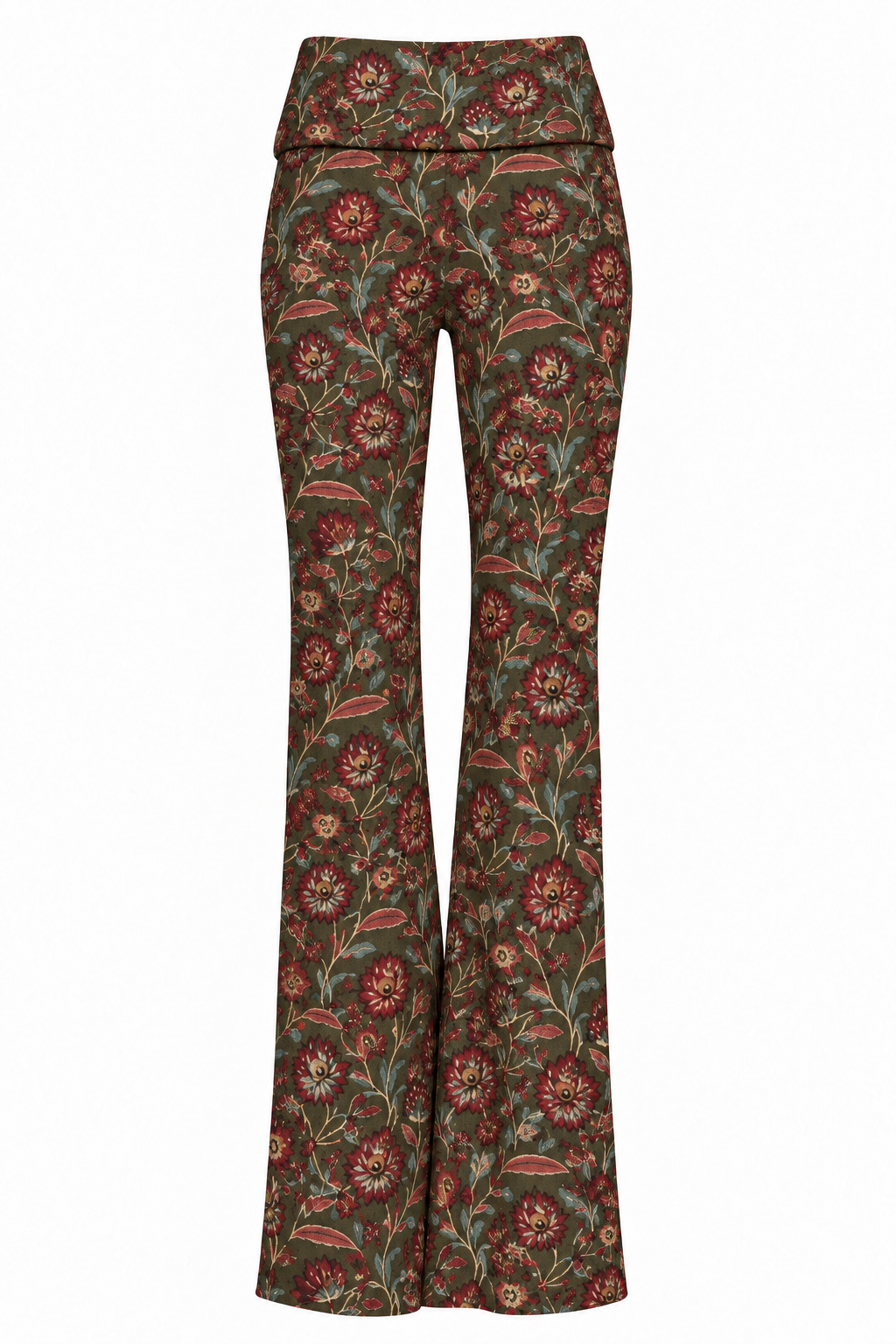Pantalone a zampa con fantasia floreale rossa su fondo verde oliva
