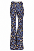 Pantalone a zampa con fiori blu e gialli su fondo scuro