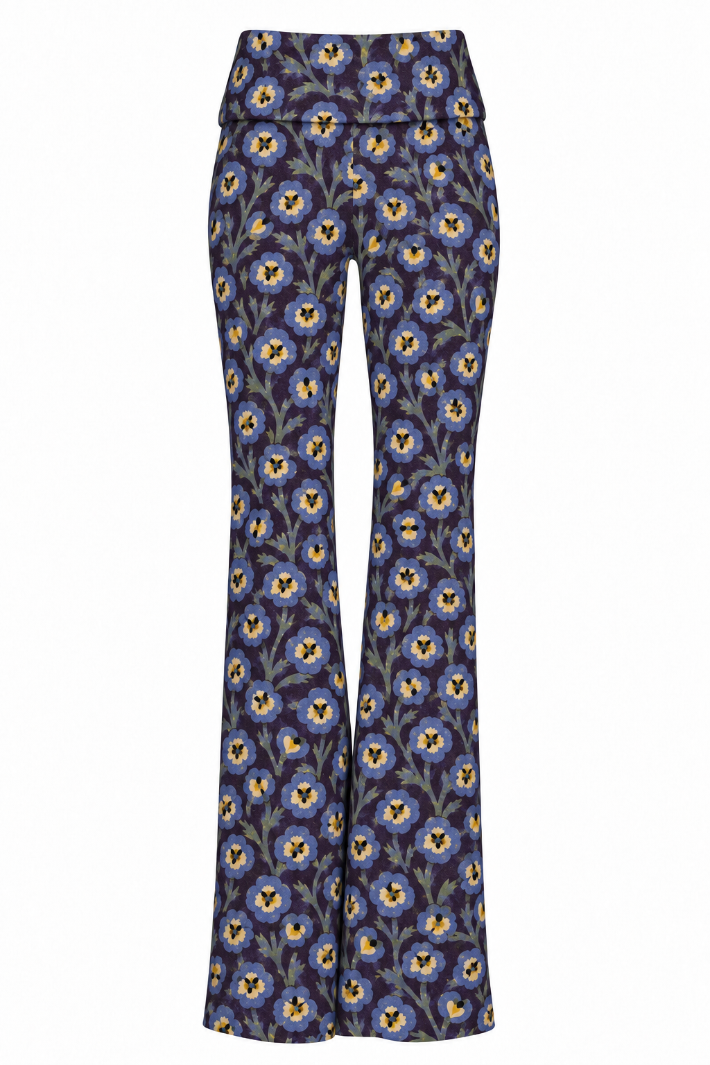 Pantalone a zampa con fiori blu e gialli su fondo scuro